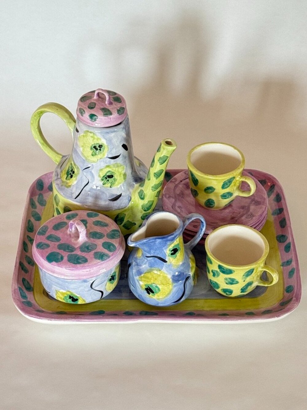 ARTISAN Whimsical Pastel Ceramic Tea Set for Two (children) Collectible